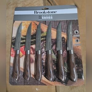 Brookstone Steak Knives Set, 6 Piece Stainless Steel 4.5" Wood Finish Handle